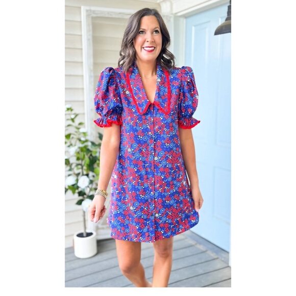 Ssys Gemma Peter Pan Collared Dress In Royal Red Ditsy Floral Small - Picture 1 of 4